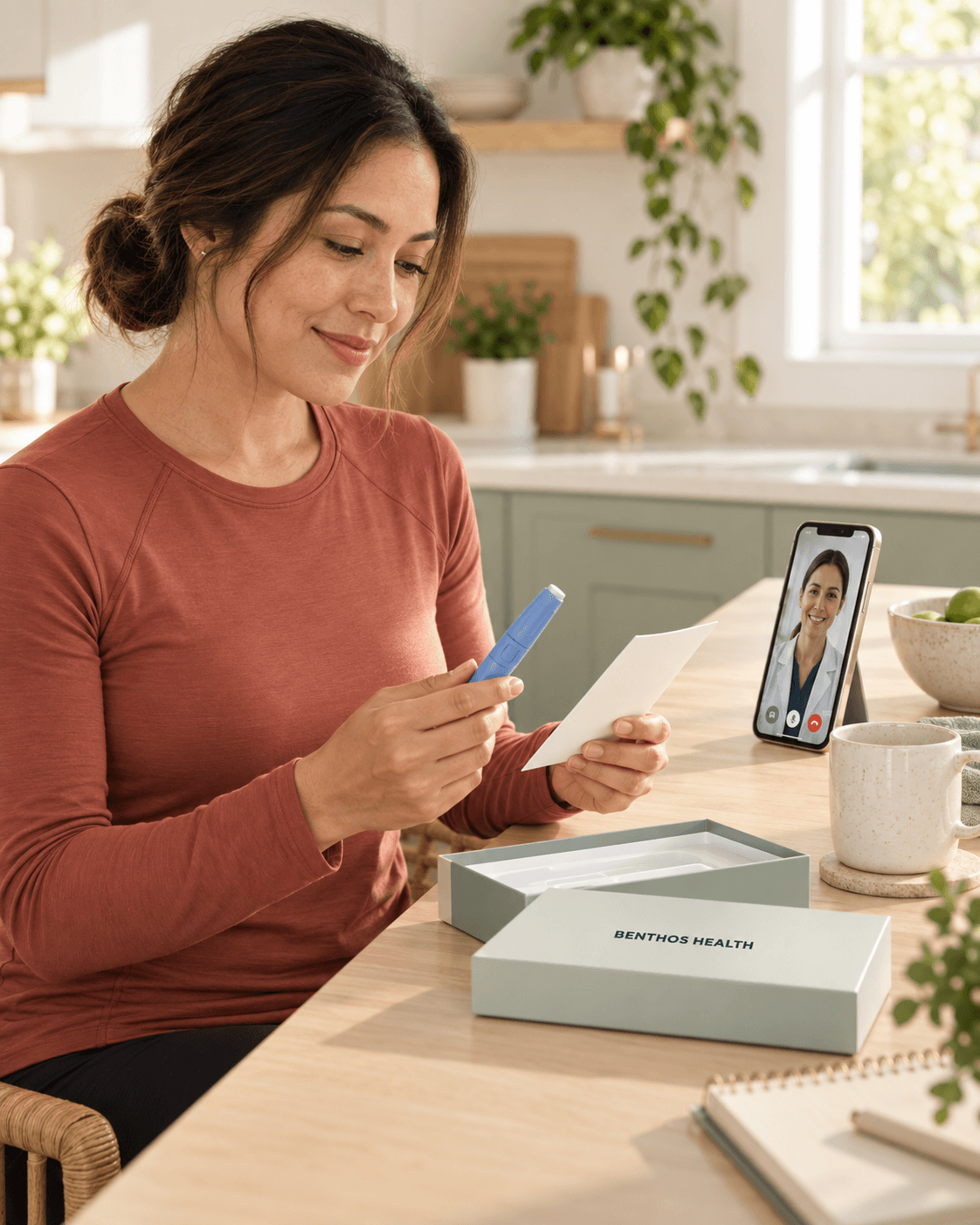 A woman on a video call with a clinician, holding her Benthos Health medication pen